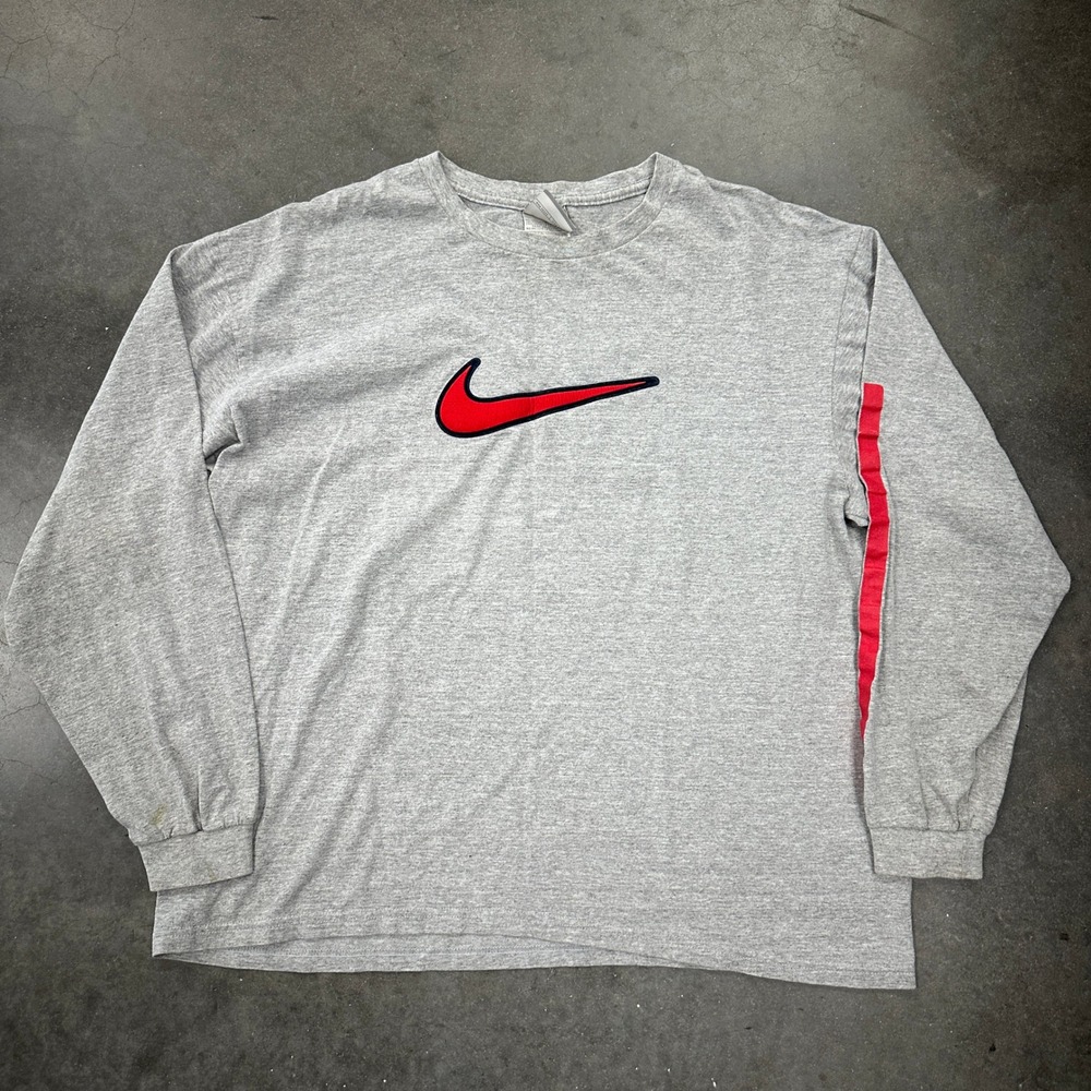 Vintage Nike Long Sleeve Shirt Mens Large Gray Red Swoosh Embroidered Stripe